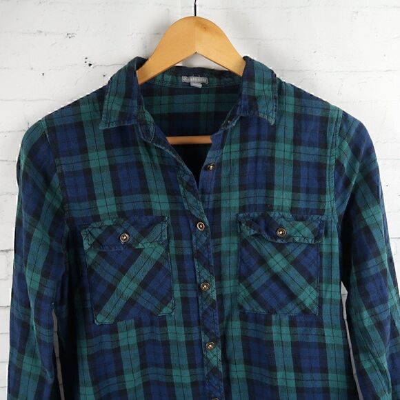 CHARLOTTE RUSSE BLUE & GREEN COTTON PLAID BUTTON DOWN LONG SLEEVE SHIRT SIZE S - Picture 4 of 9